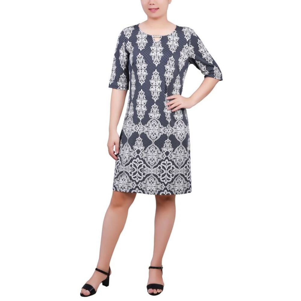 NY Collection Petite Elbow Sleeve Knee Length Dress with Hardware